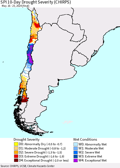 Chile SPI 10-Day Drought Severity (CHIRPS) Thematic Map For 5/16/2024 - 5/25/2024