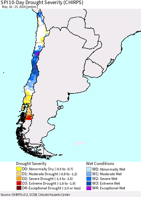Chile SPI 10-Day Drought Severity (CHIRPS) Thematic Map For 5/16/2024 - 5/25/2024