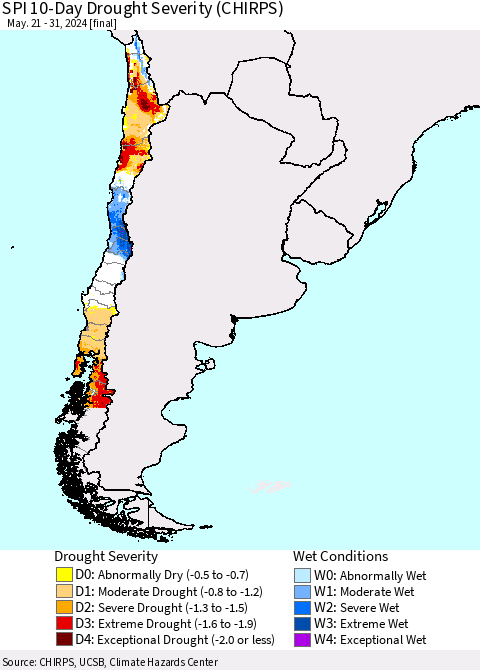 Chile SPI 10-Day Drought Severity (CHIRPS) Thematic Map For 5/21/2024 - 5/31/2024