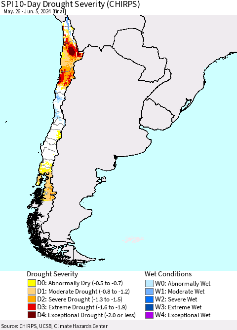 Chile SPI 10-Day Drought Severity (CHIRPS) Thematic Map For 5/26/2024 - 6/5/2024