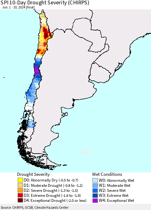Chile SPI 10-Day Drought Severity (CHIRPS) Thematic Map For 6/1/2024 - 6/10/2024