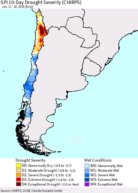 Chile SPI 10-Day Drought Severity (CHIRPS) Thematic Map For 6/11/2024 - 6/20/2024