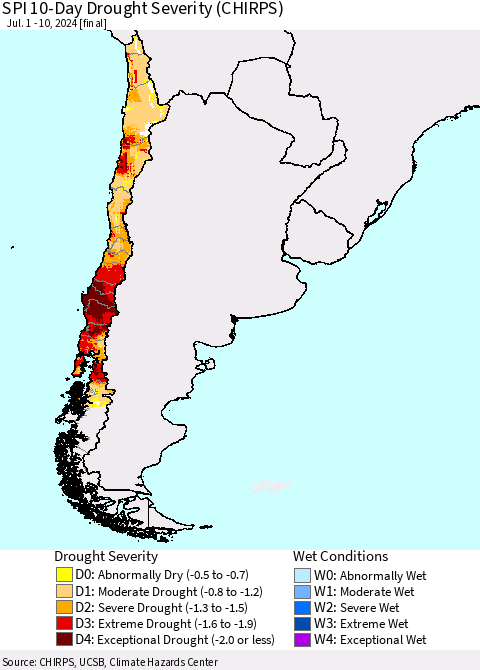 Chile SPI 10-Day Drought Severity (CHIRPS) Thematic Map For 7/1/2024 - 7/10/2024
