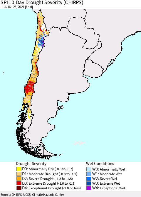 Chile SPI 10-Day Drought Severity (CHIRPS) Thematic Map For 7/16/2024 - 7/25/2024
