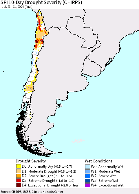 Chile SPI 10-Day Drought Severity (CHIRPS) Thematic Map For 7/21/2024 - 7/31/2024