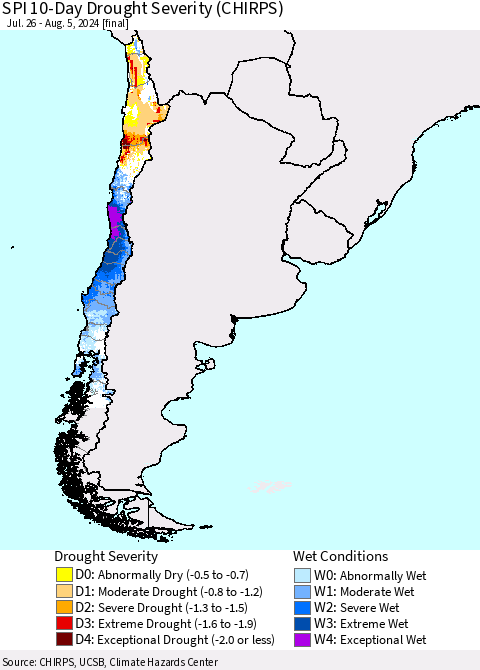 Chile SPI 10-Day Drought Severity (CHIRPS) Thematic Map For 7/26/2024 - 8/5/2024