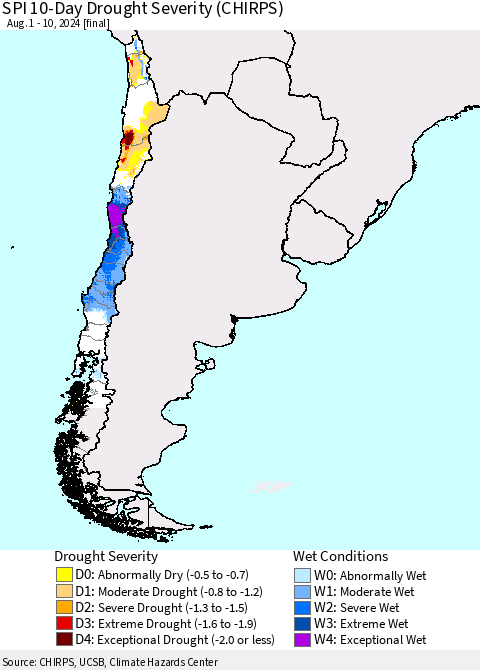 Chile SPI 10-Day Drought Severity (CHIRPS) Thematic Map For 8/1/2024 - 8/10/2024