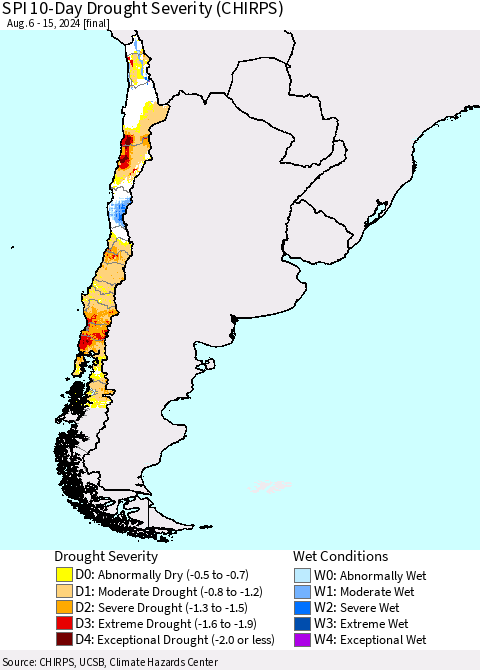 Chile SPI 10-Day Drought Severity (CHIRPS) Thematic Map For 8/6/2024 - 8/15/2024