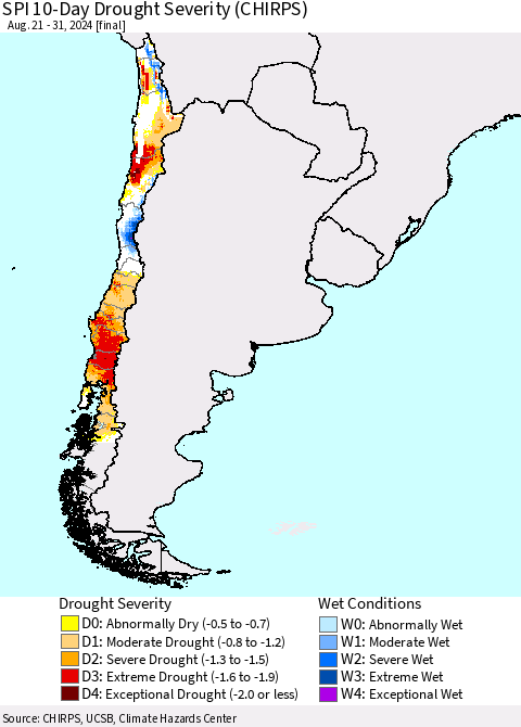 Chile SPI 10-Day Drought Severity (CHIRPS) Thematic Map For 8/21/2024 - 8/31/2024