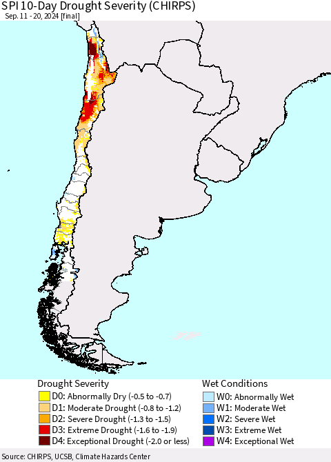 Chile SPI 10-Day Drought Severity (CHIRPS) Thematic Map For 9/11/2024 - 9/20/2024