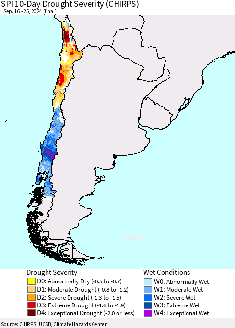 Chile SPI 10-Day Drought Severity (CHIRPS) Thematic Map For 9/16/2024 - 9/25/2024