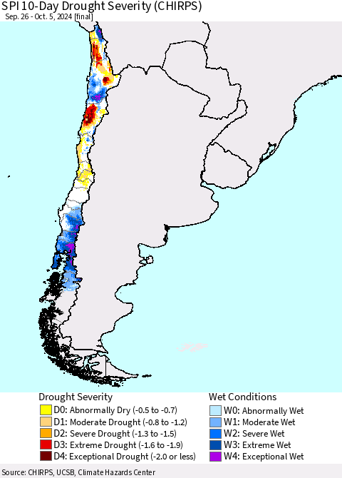 Chile SPI 10-Day Drought Severity (CHIRPS) Thematic Map For 9/26/2024 - 10/5/2024