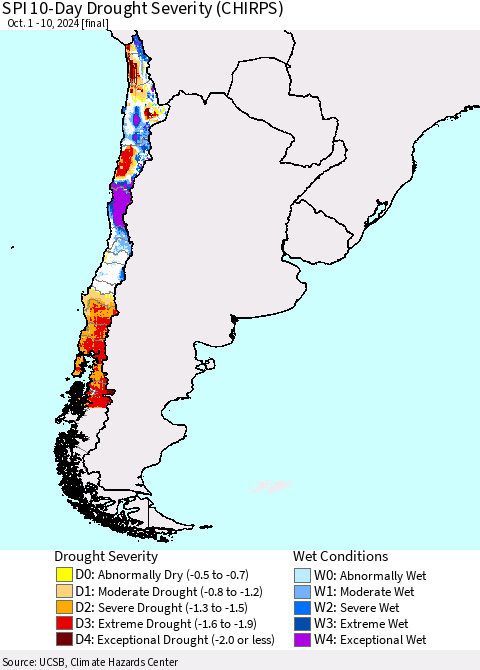 Chile SPI 10-Day Drought Severity (CHIRPS) Thematic Map For 10/1/2024 - 10/10/2024