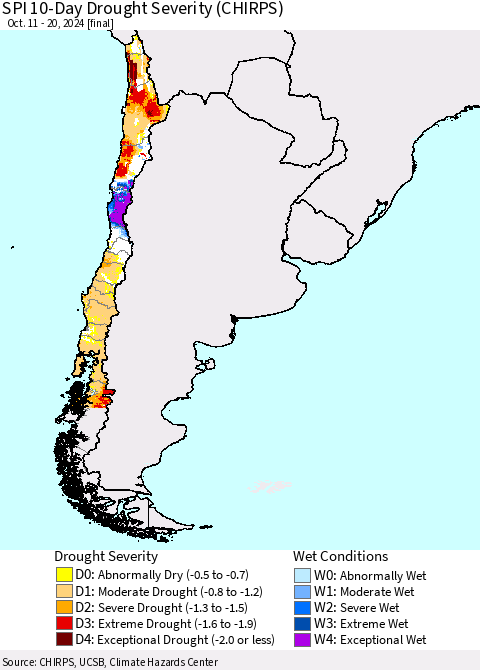 Chile SPI 10-Day Drought Severity (CHIRPS) Thematic Map For 10/11/2024 - 10/20/2024