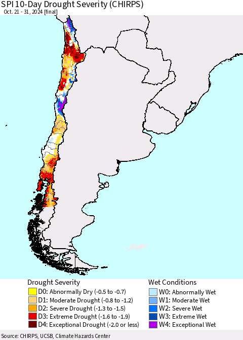 Chile SPI 10-Day Drought Severity (CHIRPS) Thematic Map For 10/21/2024 - 10/31/2024