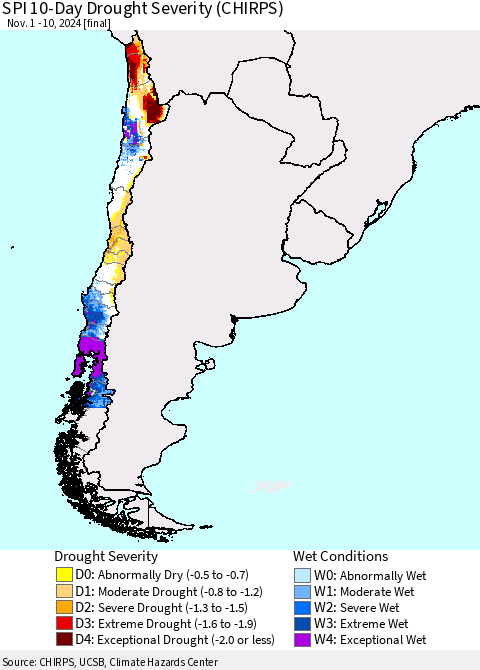Chile SPI 10-Day Drought Severity (CHIRPS) Thematic Map For 11/1/2024 - 11/10/2024