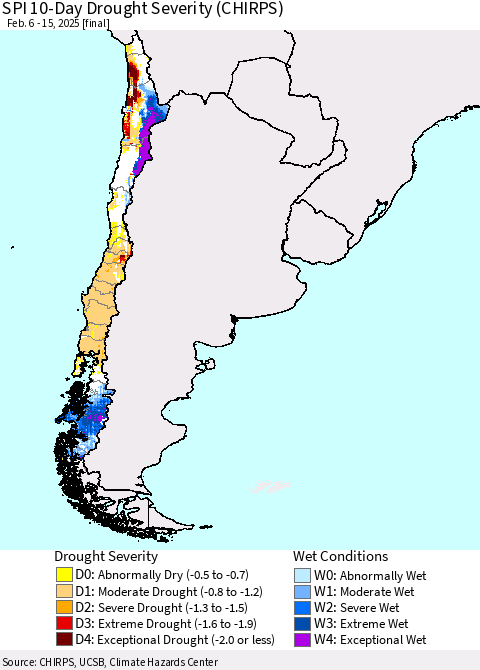 Chile SPI 10-Day Drought Severity (CHIRPS) Thematic Map For 2/6/2025 - 2/15/2025