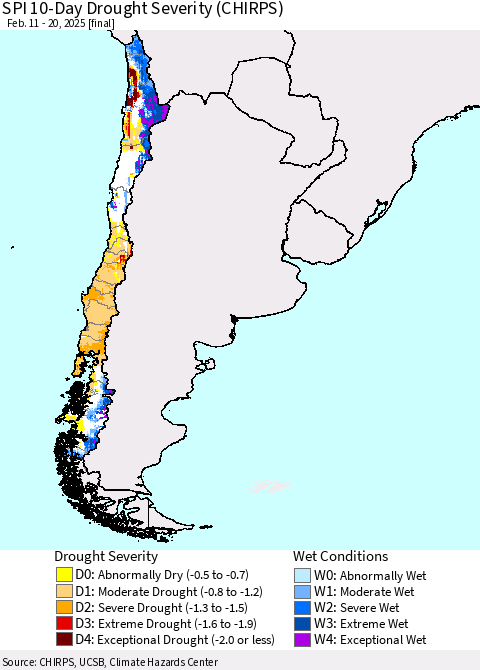 Chile SPI 10-Day Drought Severity (CHIRPS) Thematic Map For 2/11/2025 - 2/20/2025