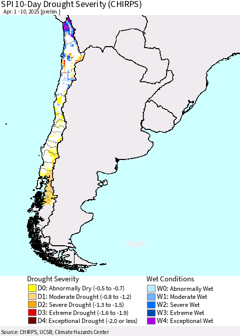 Chile SPI 10-Day Drought Severity (CHIRPS) Thematic Map For 4/1/2025 - 4/10/2025