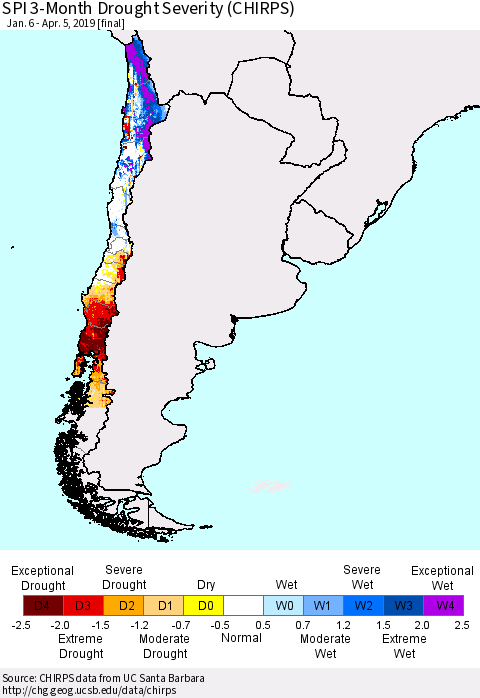 Chile SPI 3-Month Drought Severity (CHIRPS) Thematic Map For 1/6/2019 - 4/5/2019
