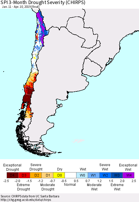 Chile SPI 3-Month Drought Severity (CHIRPS) Thematic Map For 1/11/2019 - 4/10/2019