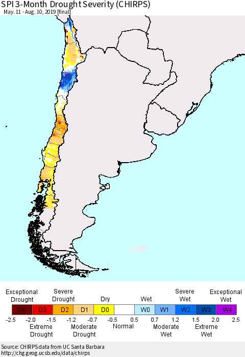 Chile SPI 3-Month Drought Severity (CHIRPS) Thematic Map For 5/11/2019 - 8/10/2019