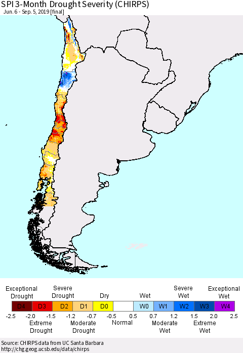 Chile SPI 3-Month Drought Severity (CHIRPS) Thematic Map For 6/6/2019 - 9/5/2019