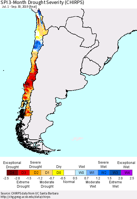 Chile SPI 3-Month Drought Severity (CHIRPS) Thematic Map For 7/1/2019 - 9/30/2019