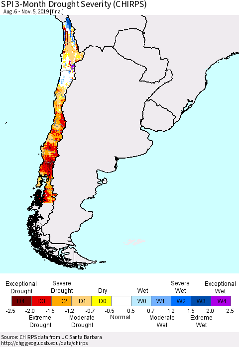 Chile SPI 3-Month Drought Severity (CHIRPS) Thematic Map For 8/6/2019 - 11/5/2019