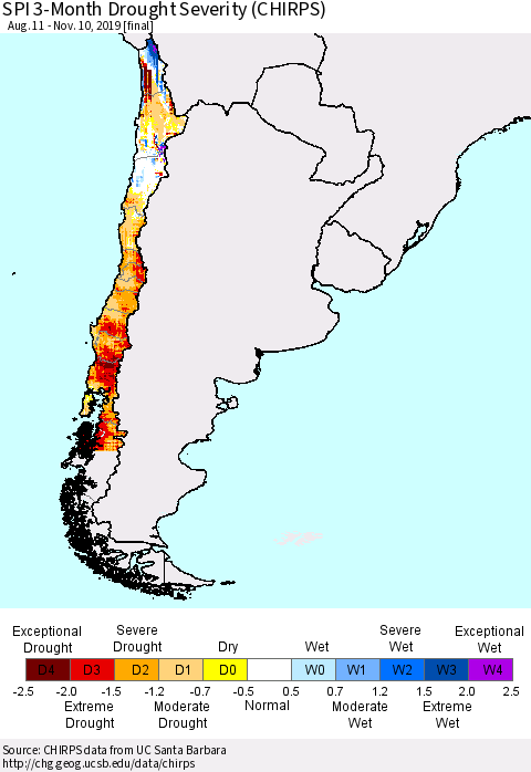 Chile SPI 3-Month Drought Severity (CHIRPS) Thematic Map For 8/11/2019 - 11/10/2019