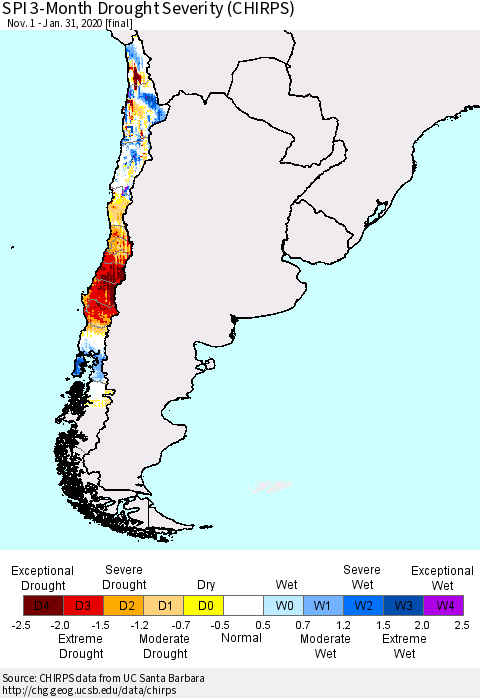 Chile SPI 3-Month Drought Severity (CHIRPS) Thematic Map For 11/1/2019 - 1/31/2020