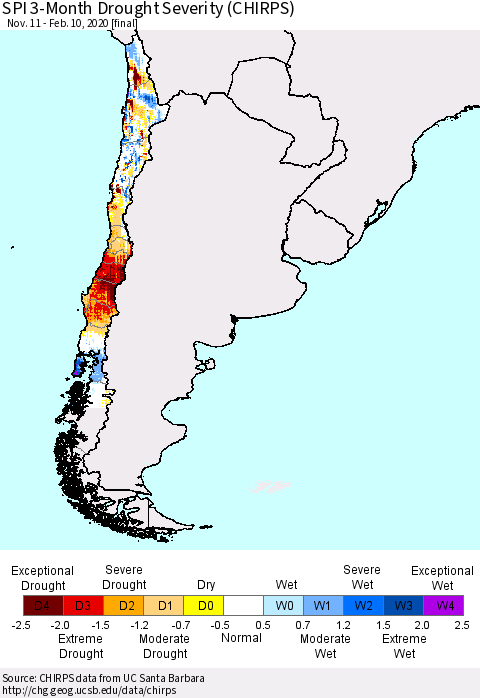 Chile SPI 3-Month Drought Severity (CHIRPS) Thematic Map For 11/11/2019 - 2/10/2020
