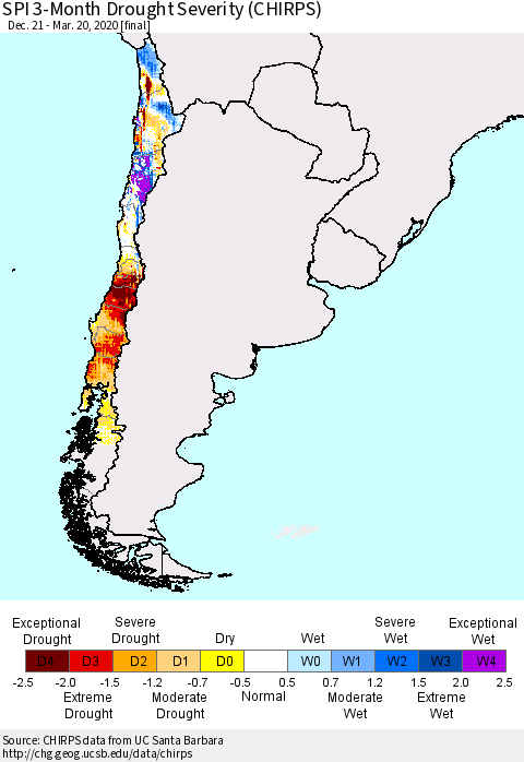 Chile SPI 3-Month Drought Severity (CHIRPS) Thematic Map For 12/21/2019 - 3/20/2020