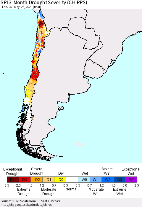 Chile SPI 3-Month Drought Severity (CHIRPS) Thematic Map For 2/26/2020 - 5/25/2020