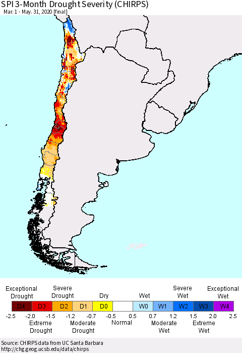 Chile SPI 3-Month Drought Severity (CHIRPS) Thematic Map For 3/1/2020 - 5/31/2020