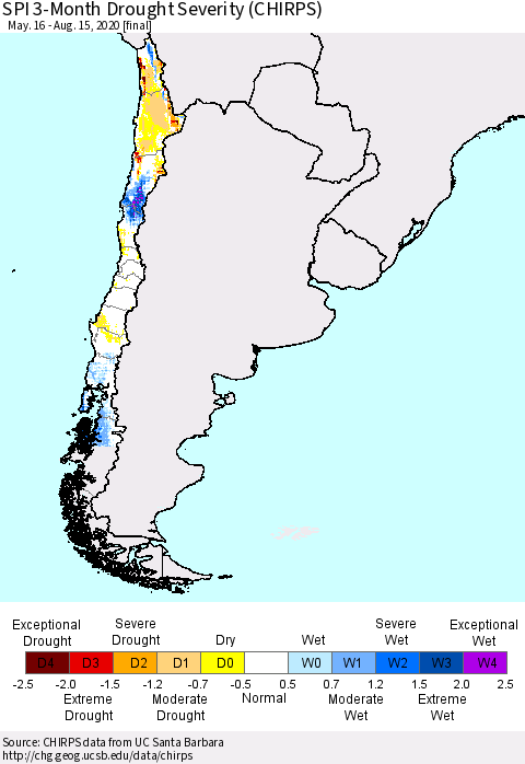 Chile SPI 3-Month Drought Severity (CHIRPS) Thematic Map For 5/16/2020 - 8/15/2020