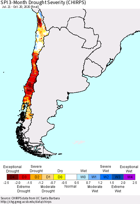 Chile SPI 3-Month Drought Severity (CHIRPS) Thematic Map For 7/21/2020 - 10/20/2020