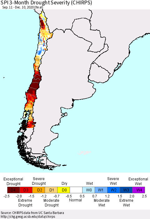 Chile SPI 3-Month Drought Severity (CHIRPS) Thematic Map For 9/11/2020 - 12/10/2020