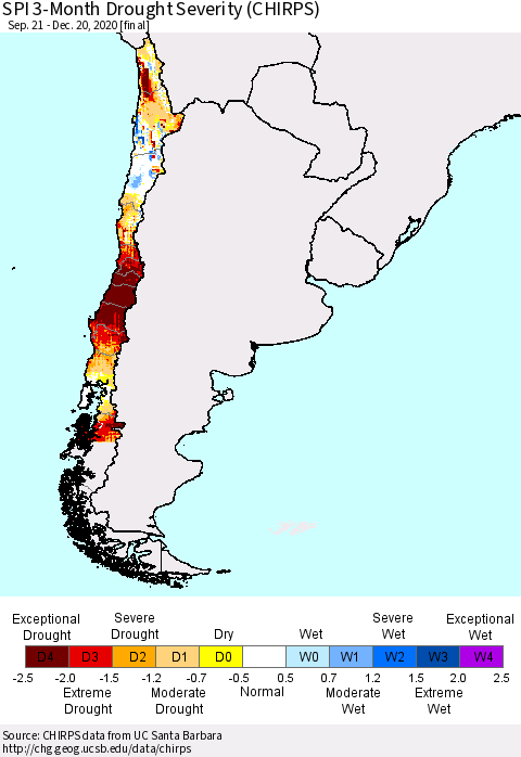 Chile SPI 3-Month Drought Severity (CHIRPS) Thematic Map For 9/21/2020 - 12/20/2020
