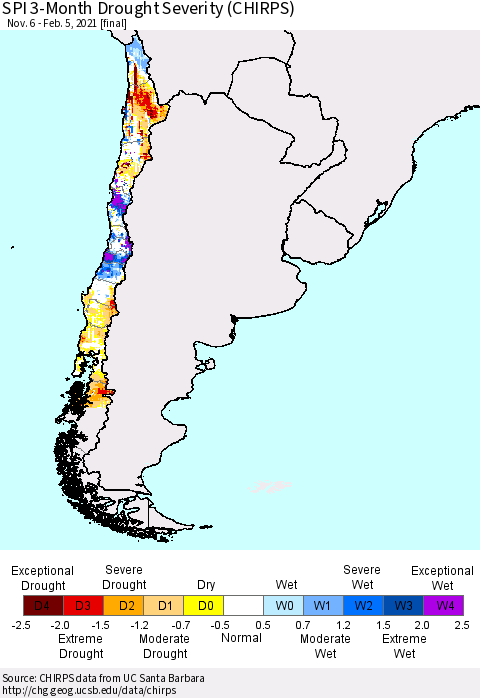 Chile SPI 3-Month Drought Severity (CHIRPS) Thematic Map For 11/6/2020 - 2/5/2021