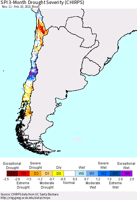 Chile SPI 3-Month Drought Severity (CHIRPS) Thematic Map For 11/11/2020 - 2/10/2021
