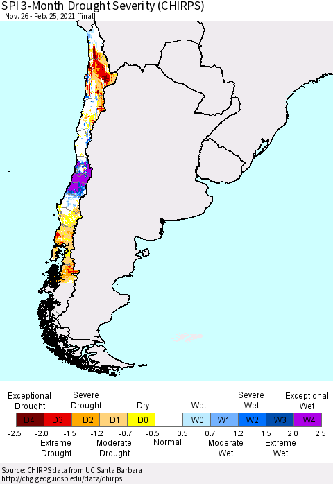 Chile SPI 3-Month Drought Severity (CHIRPS) Thematic Map For 11/26/2020 - 2/25/2021