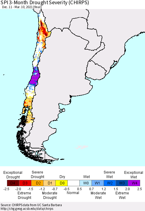 Chile SPI 3-Month Drought Severity (CHIRPS) Thematic Map For 12/11/2020 - 3/10/2021