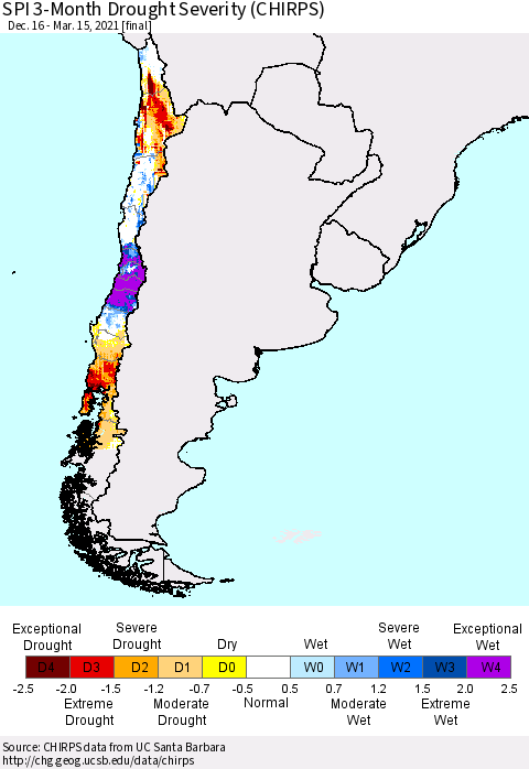 Chile SPI 3-Month Drought Severity (CHIRPS) Thematic Map For 12/16/2020 - 3/15/2021