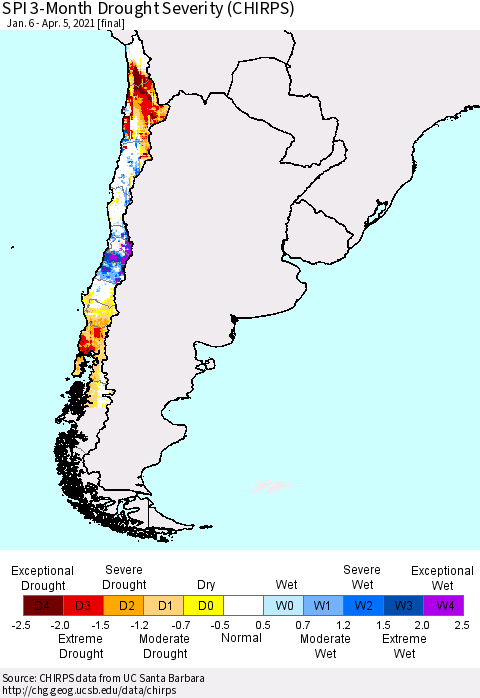 Chile SPI 3-Month Drought Severity (CHIRPS) Thematic Map For 1/6/2021 - 4/5/2021