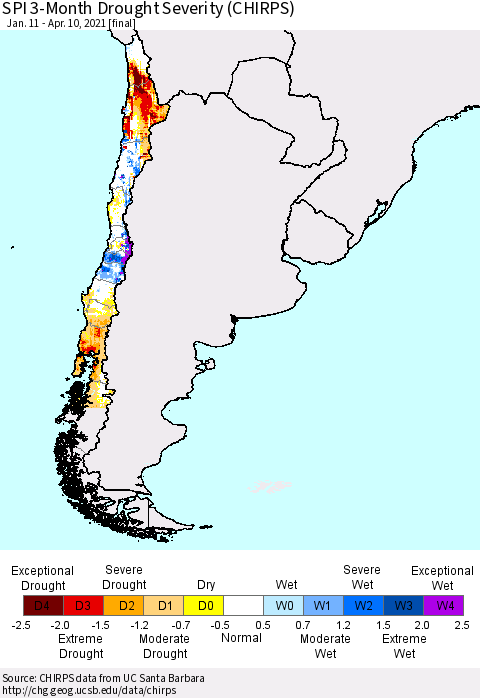 Chile SPI 3-Month Drought Severity (CHIRPS) Thematic Map For 1/11/2021 - 4/10/2021
