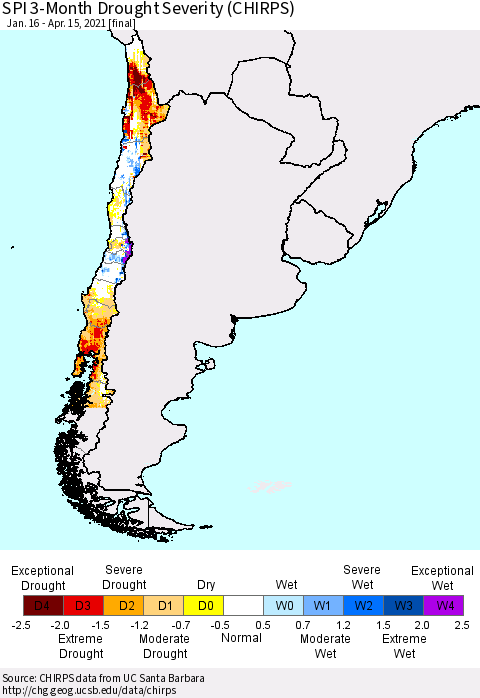 Chile SPI 3-Month Drought Severity (CHIRPS) Thematic Map For 1/16/2021 - 4/15/2021