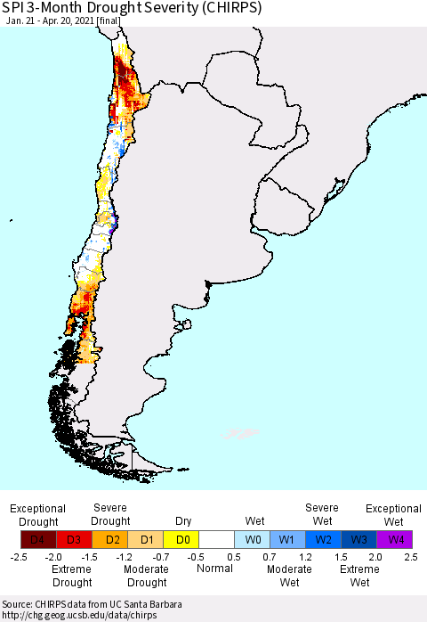 Chile SPI 3-Month Drought Severity (CHIRPS) Thematic Map For 1/21/2021 - 4/20/2021