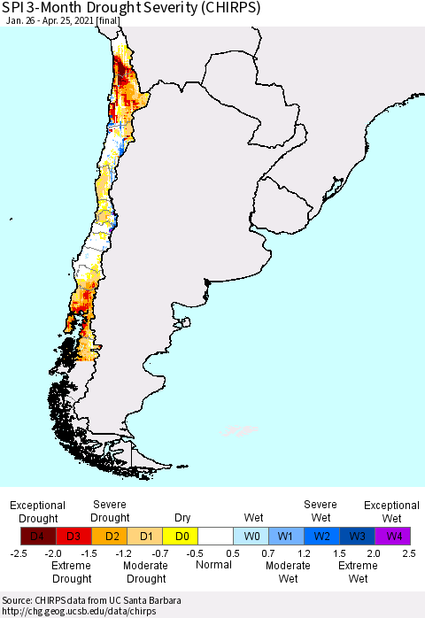 Chile SPI 3-Month Drought Severity (CHIRPS) Thematic Map For 1/26/2021 - 4/25/2021