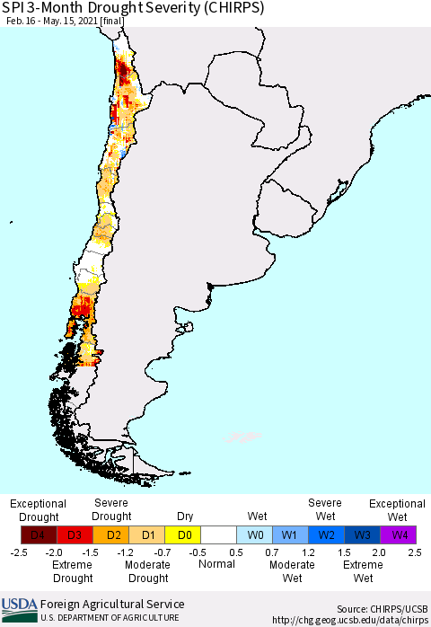 Chile SPI 3-Month Drought Severity (CHIRPS) Thematic Map For 2/16/2021 - 5/15/2021